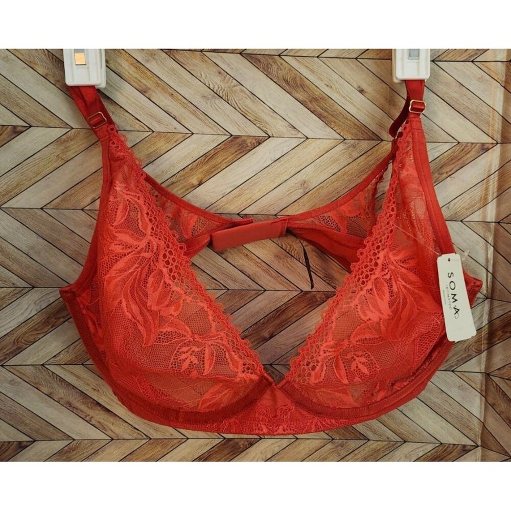 New Soma Red Sensual Unlined Plunge Underwire Bra Size 38DD 570315370